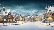 A Christmas Village With A Snow Covered Mountain In The Background