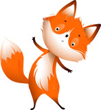 Fototapeta Dinusie - Cute Little Fox Hugging Greeting, funny character design for kids. Furry cheering mascot, childish crafty red fox isolated clipart. Hand drawn vector animal cartoon in watercolor style for children.