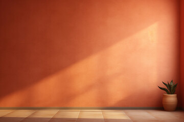 Wall Mural - Monochrome terracotta empty room with light from window in modern house. Wall scene mockup for showcase. Textured painted wall copyspace.