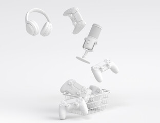 Canvas Print - Gamer gears like keyboard, joystick, headset, VR, microphone on monochrome