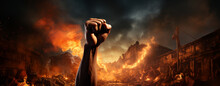 A Raised Hand With A Clenched Fist In Front Of A Burning Building. Concept Of Victory And Solidarity, Legal AI