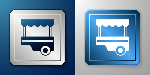 Wall Mural - White Fast street food cart with awning icon isolated on blue and grey background. Urban kiosk. Silver and blue square button. Vector