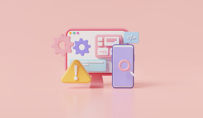 Maintenance website concept. Website under construction page on pc and mobile. Program settings, System updates maintenance, Bug fixing, 404 error page or file not found. 3d render illustration