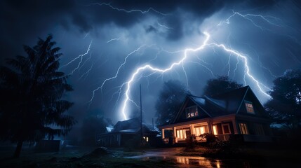 Wall Mural - Lightning in the storm over a neighborhood made with Ai generative technology