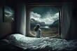 Woman in bed looking at mountain landscape through the window