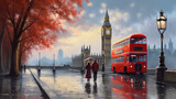 Fototapeta Fototapeta Londyn - oil painting on canvas, street view of london. Artwork. Big ben. man and woman under a red umbrella, bus and road. Tree. England (ai generated)