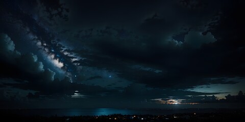 Wall Mural - night sky and clouds. Black, blue night sky with clouds. Dark teal skies background with copy space for design. Wide banner. Gloomy dramatic sky scene.