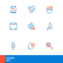 Poster - Set line GMO, Water balance, Smart watch with heart, Human stomach health, Bathroom scales, Intestines, Salad bowl and Calcium icon. Vector