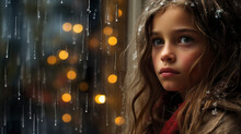 Girl Looking Out The Window With Solemn Expression In Peaceful Solitude On A Cold Rainy Christmas Night. Touching And Introspective Scene From The Winter Season.