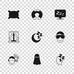 Wall Mural - Set Ghost, Eye sleep mask, Dreams, Moon and stars, Sleepy, Pillow, Travel neck pillow and Window with curtains icon. Vector