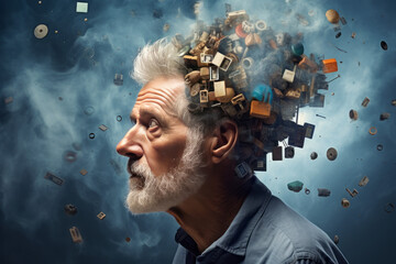 Senior man's fragmented head symbolizes the ravages of dementia, showcasing the profound memory loss and diminished cognitive functions he endures