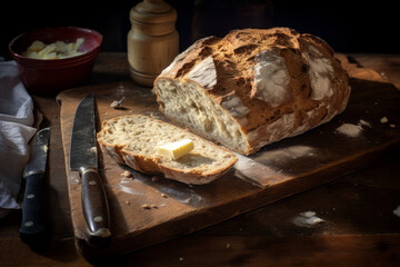 Loaf of freshly baked bread rests on a rustic wooden table, accompanied by a knife and creamy butter, evoking homely warmth and culinary tradition