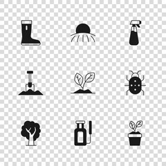 Set Garden sprayer for water, Colorado beetle, Plant in pot, Sprout, Waterproof rubber boot, Sunrise and Shovel icon. Vector