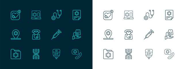 Sticker - Set line Patient record, DNA symbol, Syringe, IV bag, Emergency call 911, Stethoscope, Mobile with heart rate and Clinical on laptop icon. Vector