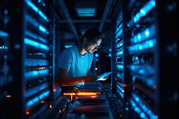 An Expert Engineer in data center server room connecting cables in server cabinet