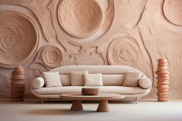 Luxurious sofa in an abstract stone room. 