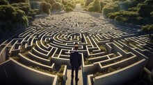 A man standing in the center of a complex maze