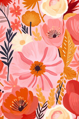 Wall Mural - a pink and orange floral wallpaper for your phone, in the style of fauvist animator, vibrant tapestries, dreamlike naturaleza, cottagecore, indonesian art