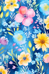 Wall Mural - watercolor seamless floral pattern seamless fabric seamless background in blue, pink and yellow, in the style of storybook-like, floral