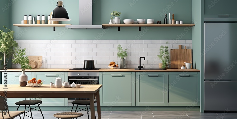 a kitchen with green tiled walls is in a blue and white kitchen with ...