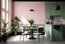 A Huge Black Circular Table And Light Gray Seats Are Utilized For Meetings And Eating. Please, A Pink Accent Wall. Greenery, Modern Kitchen Eating