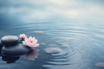 Calming background with water, stones and lotus flower, copy space