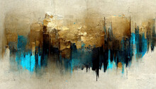 Generative AI, Blue, Golden And Black Watercolor Abstract Painted Background. Ink Black Street Graffiti Art On A Textured Paper Vintage Background, Washes And Brush Strokes