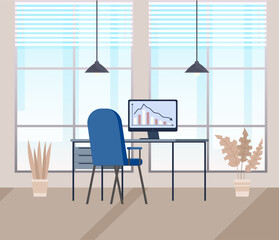 Wall Mural - Design of modern empty office working place front view desk, chair, computer, panoramic window, plants in pot. Coworking space interior. Workplace of employees, open office. Work table with monitor