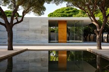 Mies Van Der Rohe's Iconic Barcelona Pavilion - A Modernist Masterpiece Of 1929 World Exposition Architecture In Cement And Concrete. Generative AI