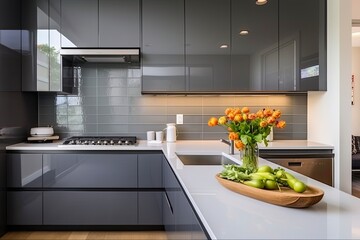 Wall Mural - Modern Gray Kitchen with Dark Cabinets, White Countertops and Glossy Linear Backsplash in Northwest, USA - Interior Design Inspiration: Generative AI