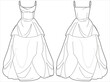 Bubble ball gown wedding dress design flat sketch fashion illustration with front and back view, Spaghetti Strapped draped bridal dress flat sketch cad drawing template