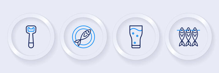 Sticker - Set line Dried fish, Glass of beer, and Bottle opener icon. Vector