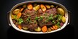 © Joshua Resnick - beef pot roast in dish with carrots and potatoes shot top down, created with generative AI