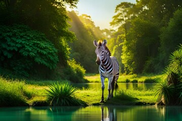 An adorable zebra standing amidst lush foliage in a vibrant jungle, with a serene lake glistening in the background generated by AI tool