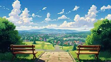 Summer Residential Road With A Wooden Seat And A View Of The City Skyline. A Cartoon Shows A Green Countryside With Hills, Trees, A Blue Sky, White Clouds, And Distant City Constructions.
