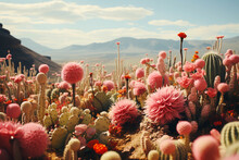 Psychedelic And Surreal Scenery With Cactus And Flowers In The Desert, Created With Generative Ai
