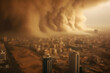 Massive sandstorm engulfing a city indicating increased desertification.