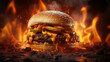 Gros plan hamburger pour vos présentations de produit. Avec du feu de la fumée et des braises, délicieux et impactant.