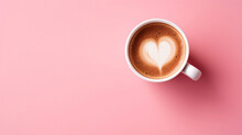 Top Down Picture Of A Cup Of Cappuccino On Pink Background, With Space For Text