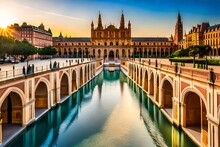Experience The Grandeur Of Spain Square (Plaza De España) In Seville, Spain, A Place That Encapsulates The City's Architectural Beauty And Historical Significance.
