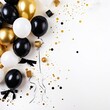 Chic greeting card template with black and gold balloons and confetti on light background with space for text