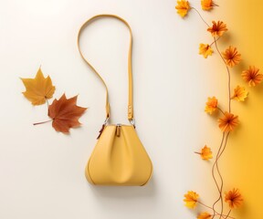 Wall Mural - Pastel colored women bag and autumn leaves on a white and yellow background, flat lay, minimal autumn beauty celebration concept