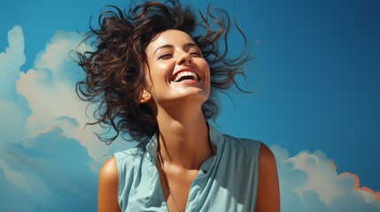 Wall Mural - a woman enjoying life and laughing on a blue background