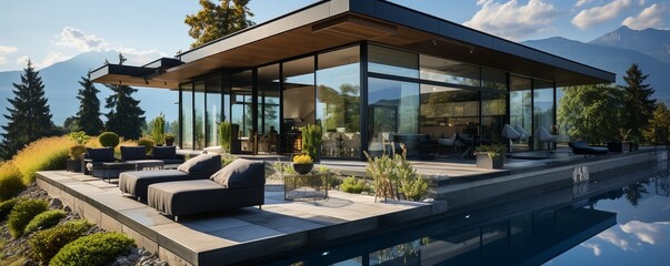 minimalist luxury villa in the modern day. Mountains with a glass house. from a contemporary villa, stunning mountain views.