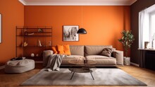 The Sofa Is Light Grey With An Orange Wall Background, The Living Room Is Orange, And The Entrance Is Avangard White. Design Of Brown Parquet And Carpet In A Contemporary Home