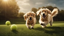 Golden Retriever Puppy Playing With A Tennis Ball