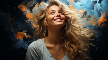  a woman laughing emotionally against a colorful background