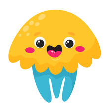 Happy Yellow Jellyfish, Vector Character For Children. Print For Children's Clothing, Nautical Theme. Vector.