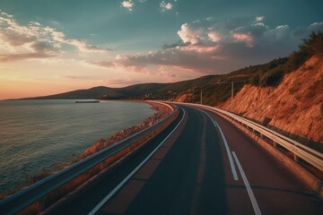 Wall Mural - the summery highway scenery. picture on a motorway during a bright sunset. Summertime roadside sight near the coast. A vibrant seascape with a lovely road. The roads of Europe. a vibrant natural