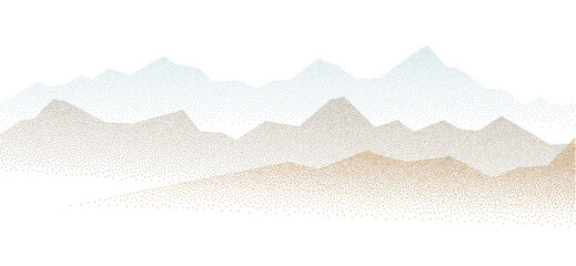 Wall Mural - Dotwork mountain range grain colored pattern. Dotted noise, grunge texture landscape. Stippled gradient mountains. Grainy hill in dotwork style. Noisy stochastic background Pointillism texture